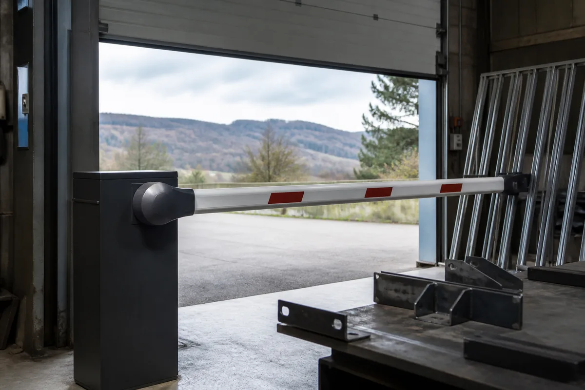 Barrière levante électrique à lisse blanche et rouge fermant l&rsquo;accès d&rsquo;un parking d&rsquo;entreprise