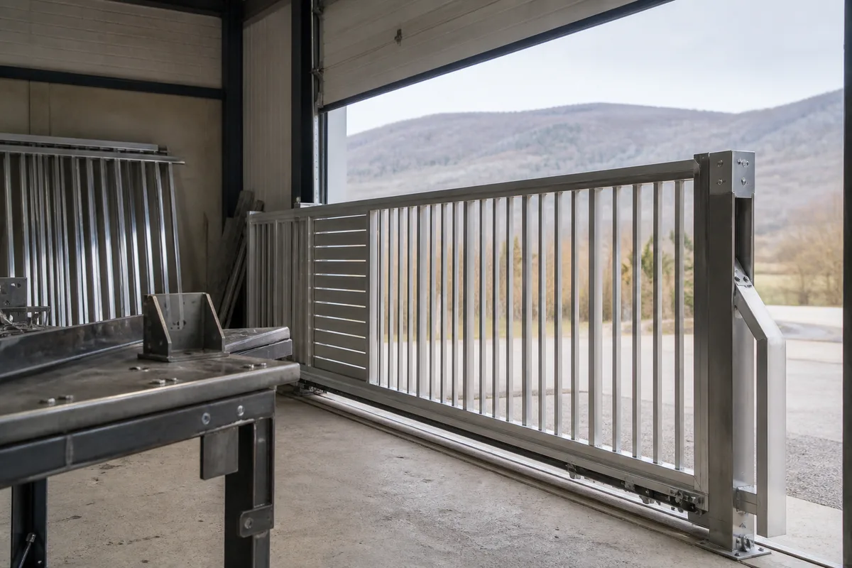 Portail coulissant en aluminium sur rail devant l&rsquo;entrée d&rsquo;une maison individuelle